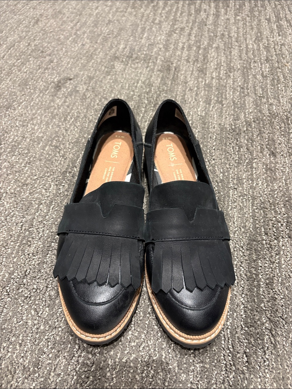 TOMS Black Leather Fringe Penny Loafers for Women
